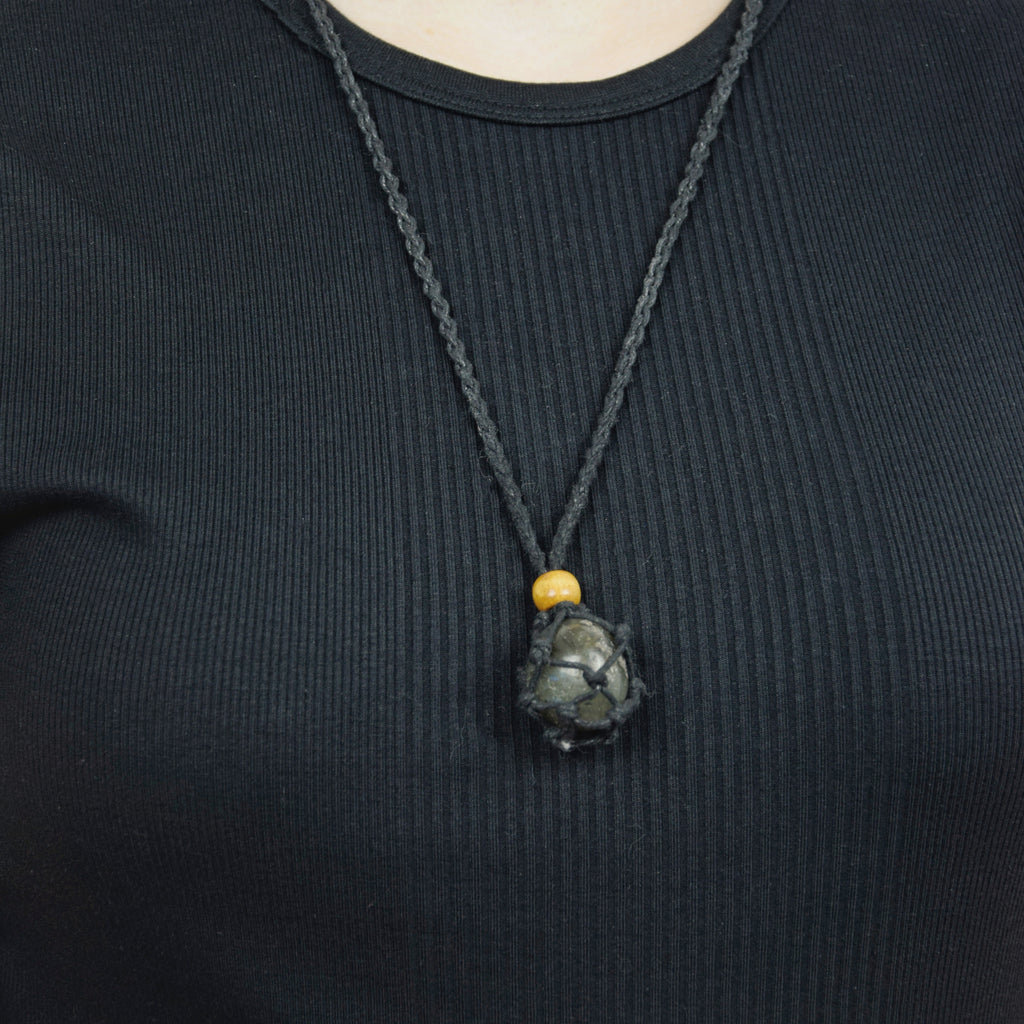 Natural Labradorite stone on an adjustable black cord