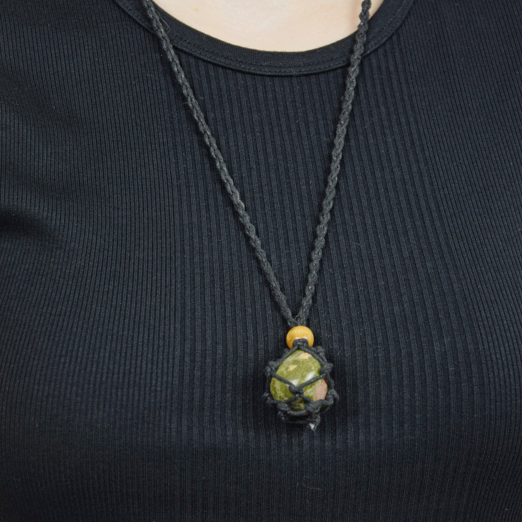 Natural Unakite stone on an adjustable black cord