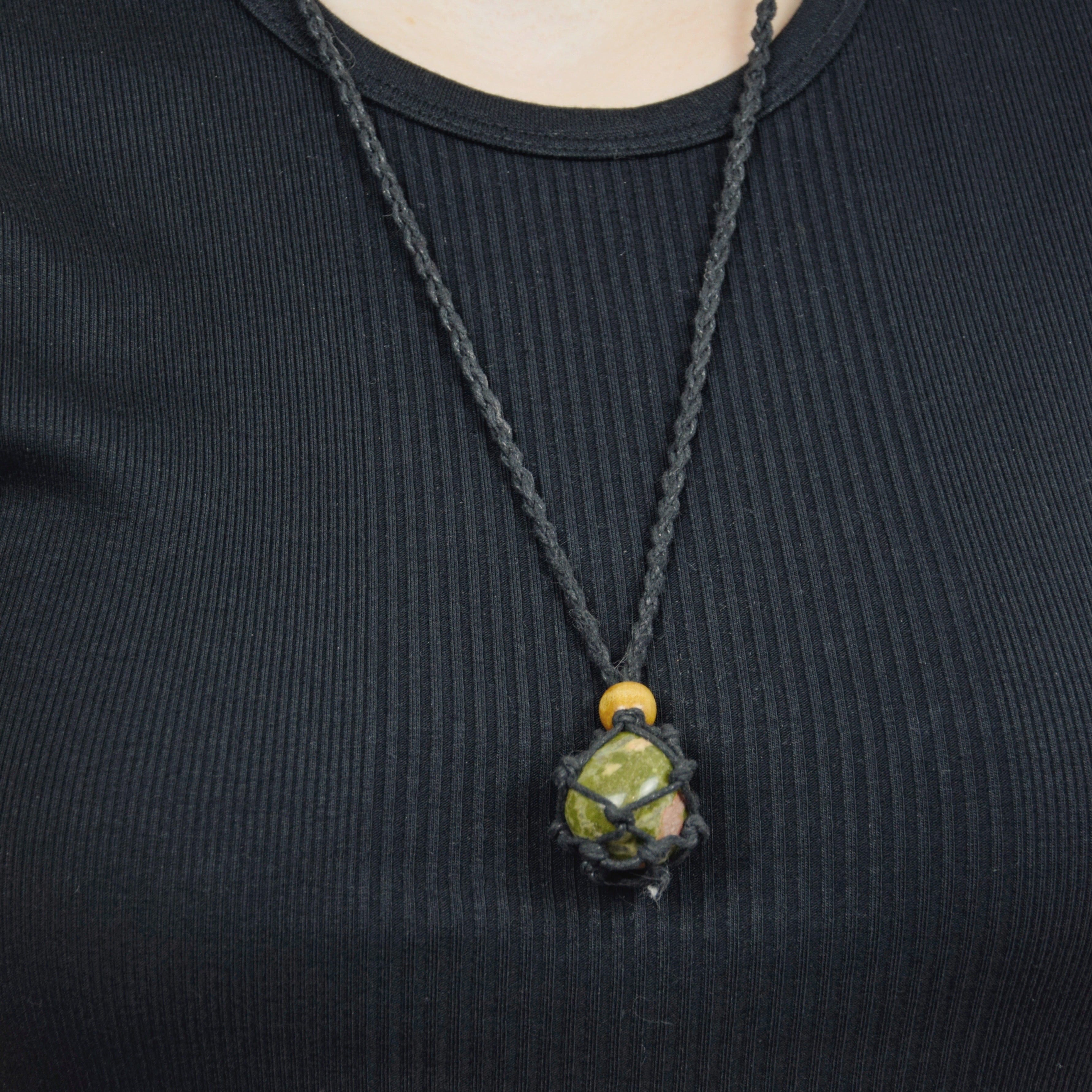 Natural Unakite stone on an adjustable black cord