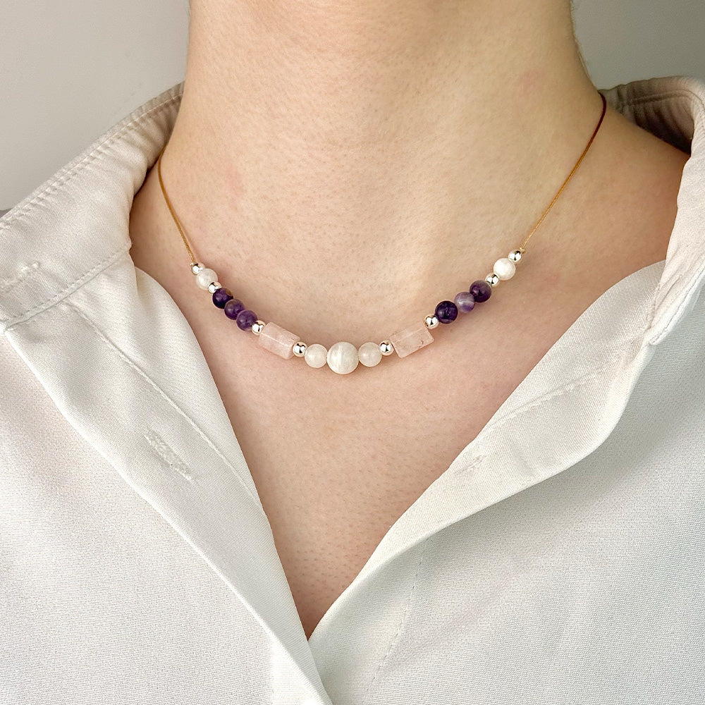 Necklace made of natural Amethyst, Moonstone, and Rose Quartz beads