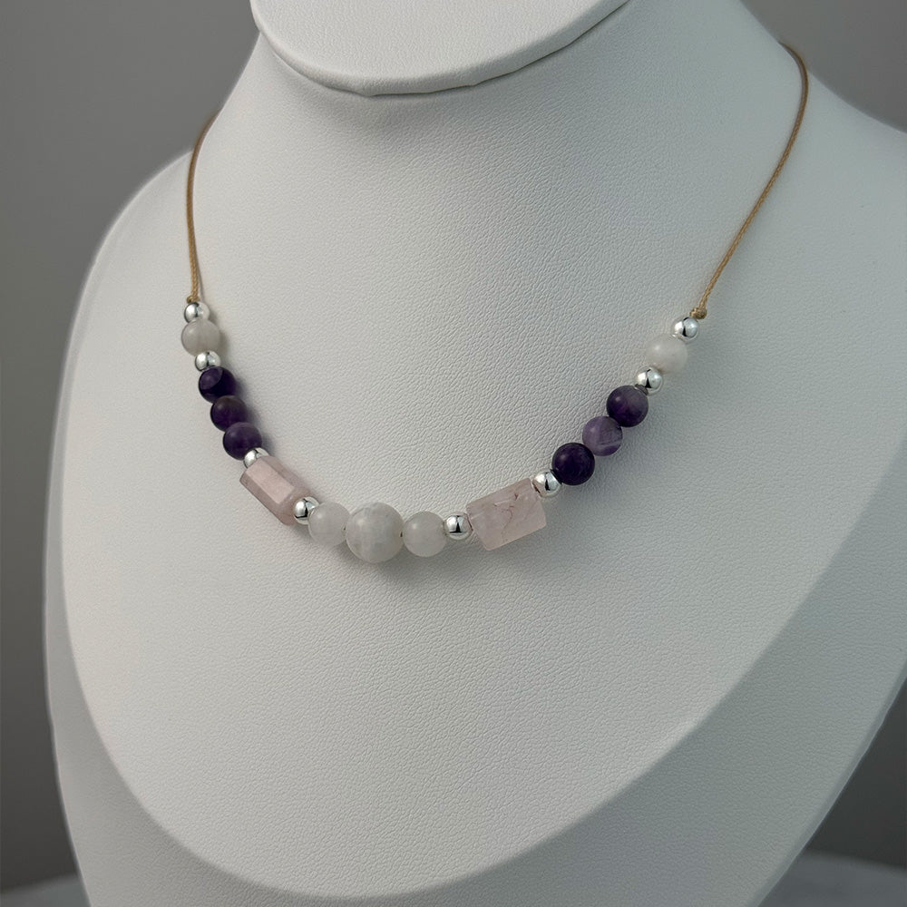 Necklace made of natural Amethyst, Moonstone, and Rose Quartz beads