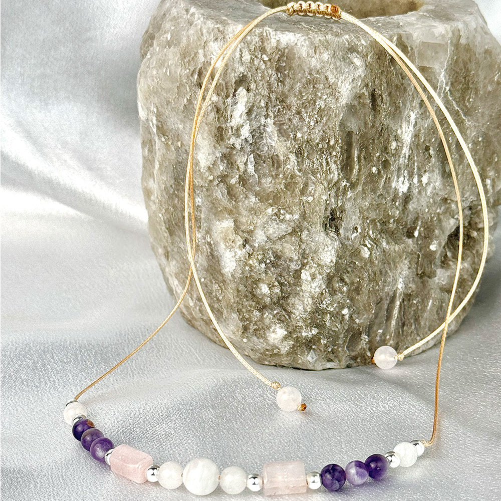 Necklace made of natural Amethyst, Moonstone, and Rose Quartz beads