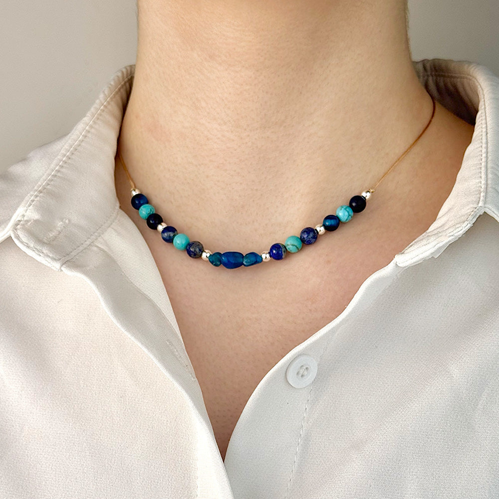 Necklace made of natural Apatite, Turquoise, and Lapis Lazuli beads