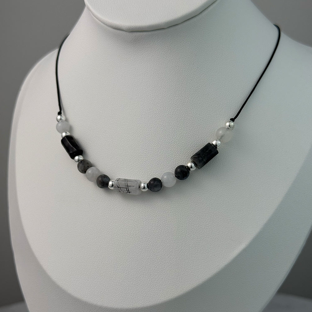 Necklace made of natural Black Quartz, White Jade, and Black Labradorite beads