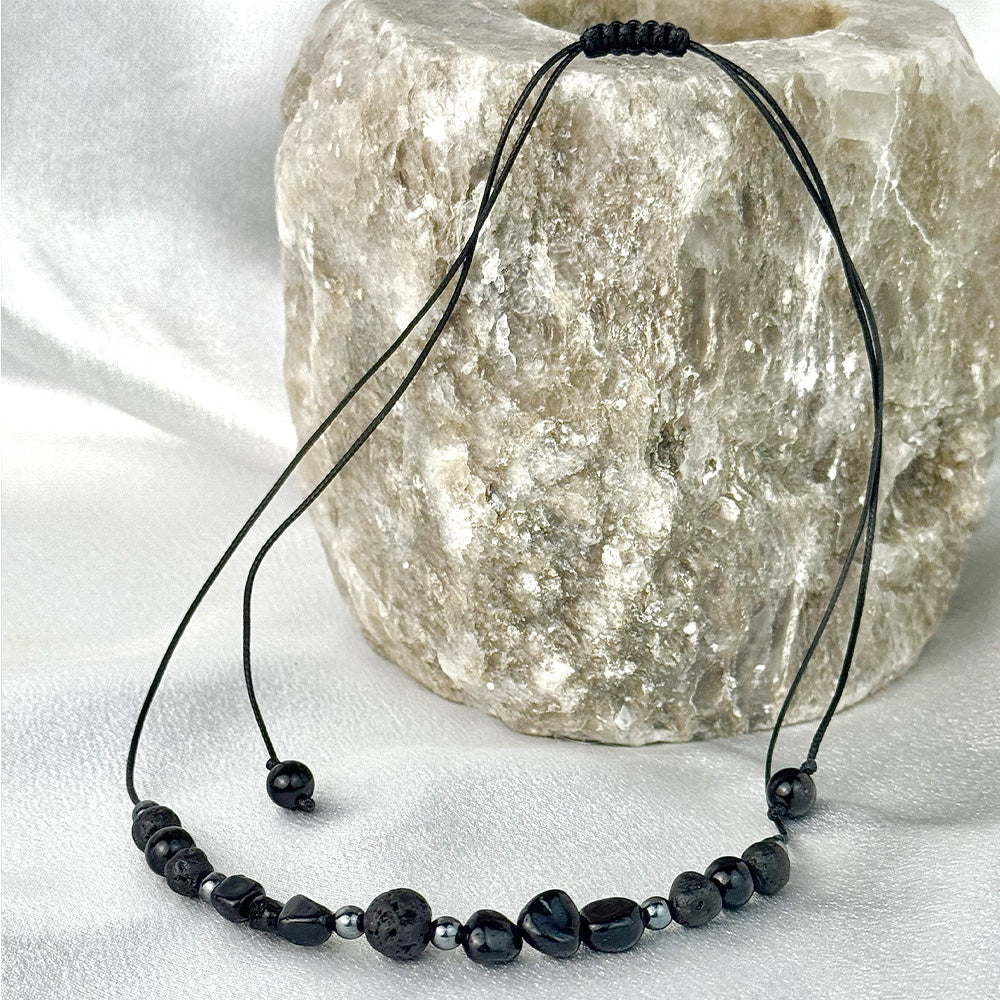 Necklace made of natural Black Tourmaline and Lava Stone beads