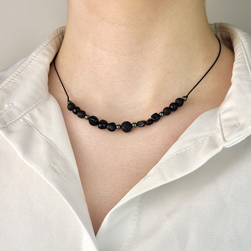 Necklace made of natural Black Tourmaline and Lava Stone beads