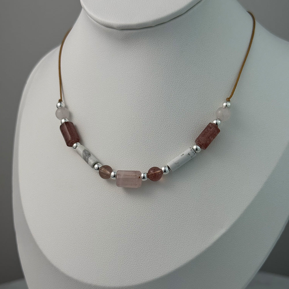 Necklace made of natural Howlite, Quartz, Rose Quartz, and Strawberry Quartz beads