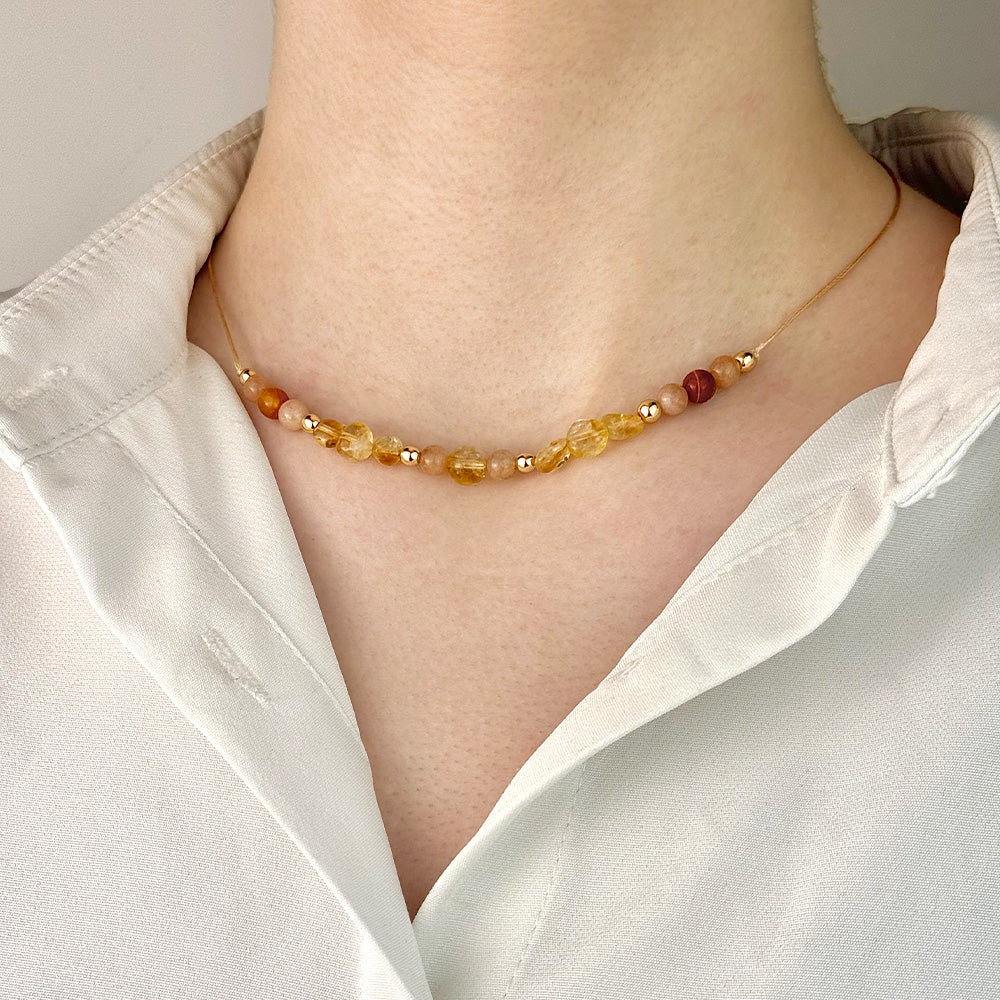 Necklace made of natural Sunstone, Citrine, and Carnelian beads