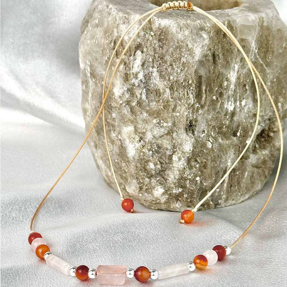 Necklace made of natural Carnelian and Rose Quartz beads
