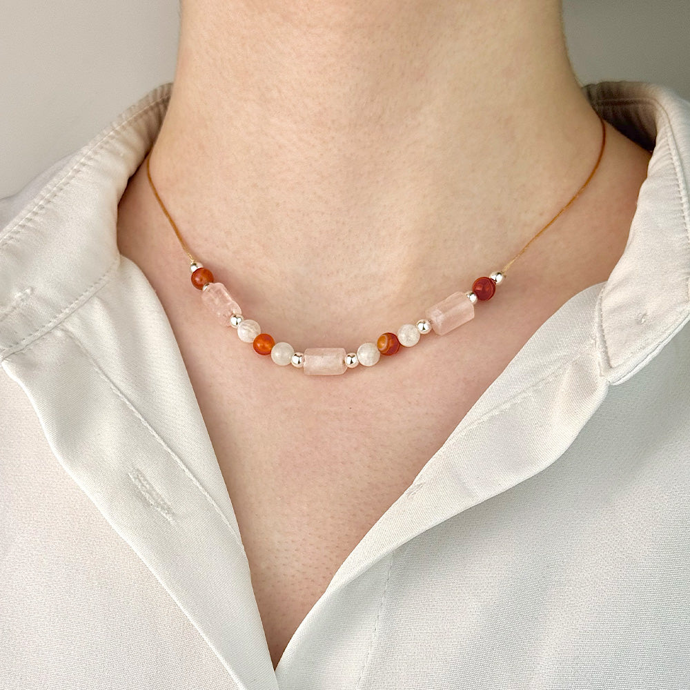 Necklace made of natural Rose Quartz, Carnelian, and Moonstone beads