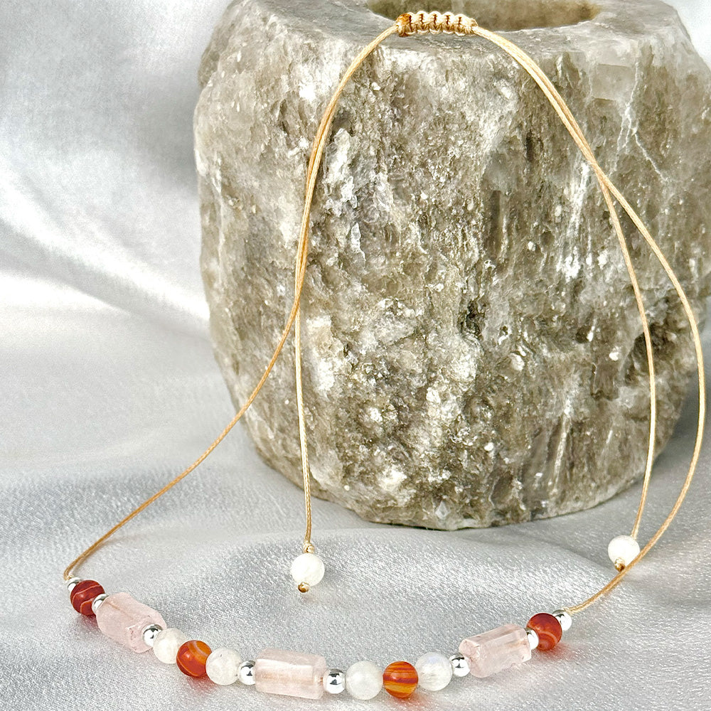 Necklace made of natural Rose Quartz, Carnelian, and Moonstone beads