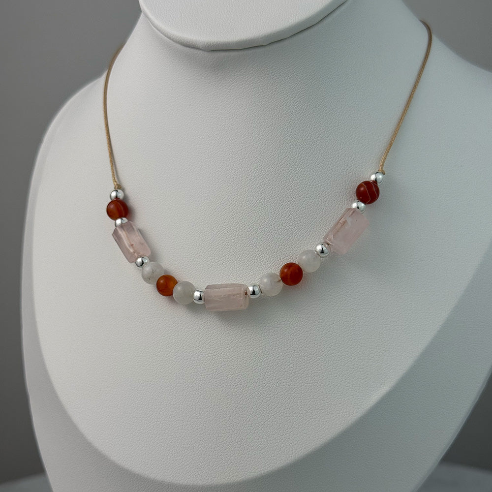 Necklace made of natural Rose Quartz, Carnelian, and Moonstone beads