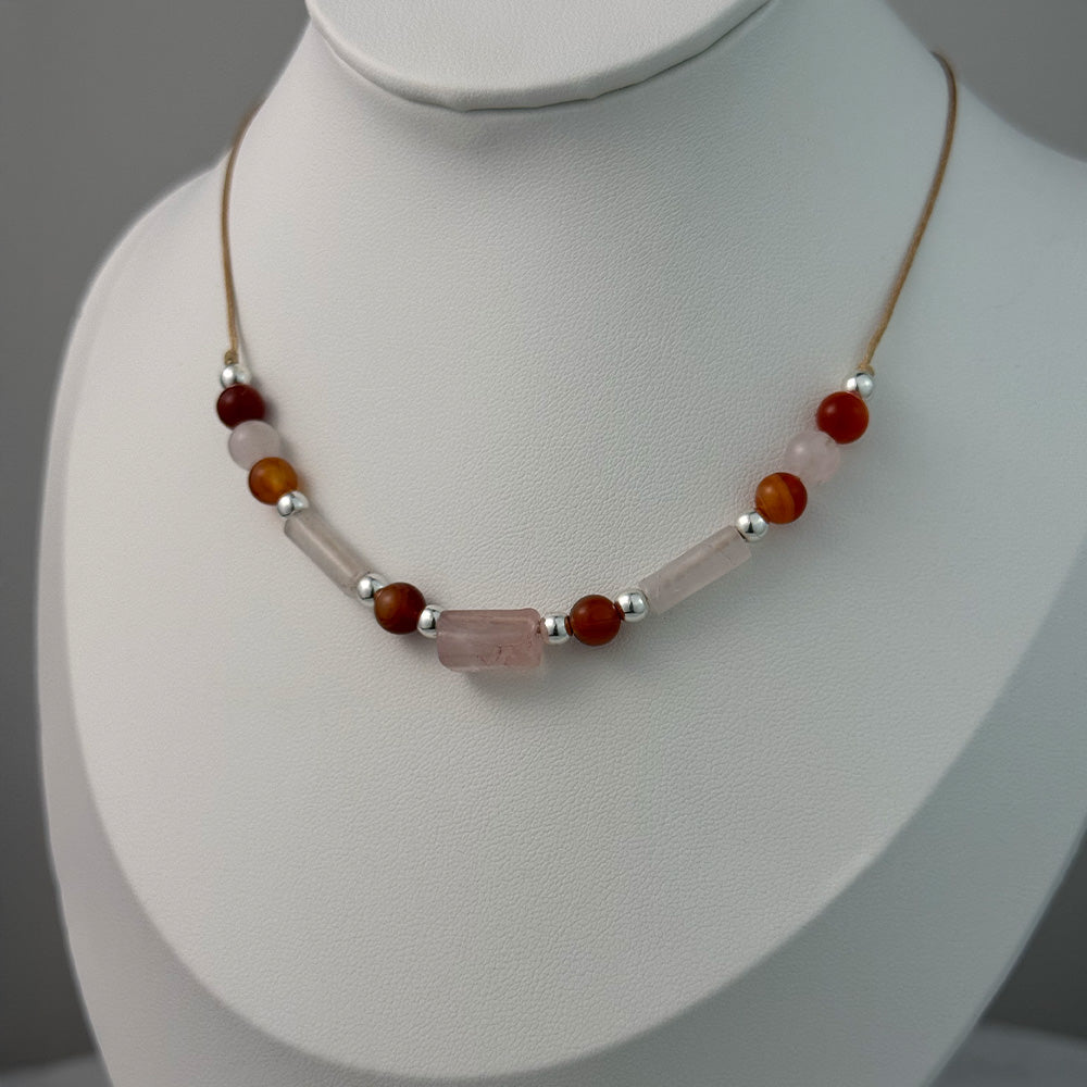 Necklace made of natural Carnelian and Rose Quartz beads
