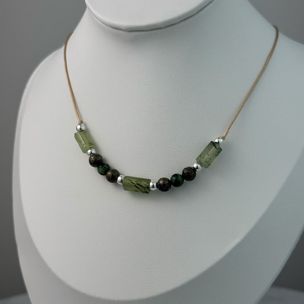 Necklace made of natural Prehnite, Epidote, and Pyrite beads