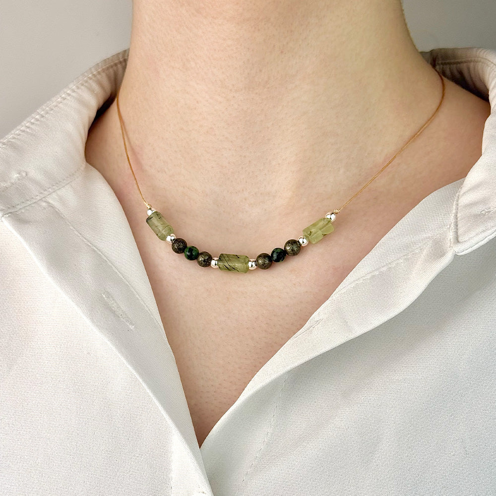 Necklace made of natural Prehnite, Epidote, and Pyrite beads