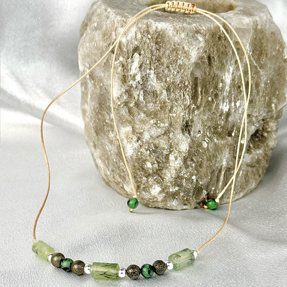 Necklace made of natural Prehnite, Epidote, and Pyrite beads