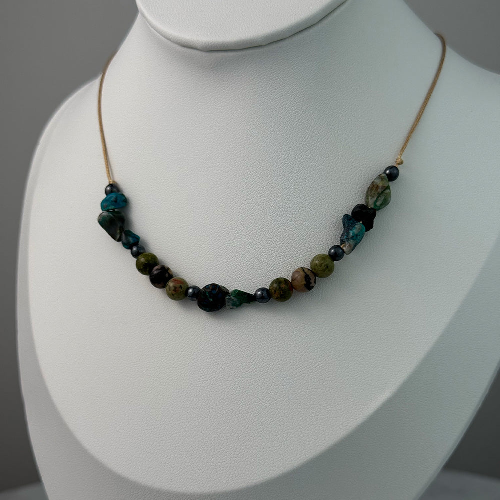 Necklace made of natural Rhodonite, Unakite, and Turquoise beads