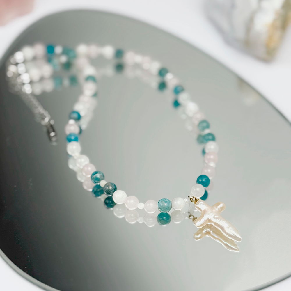 Apatite Moonstone Rose Quartz Pearl Necklace on Chain