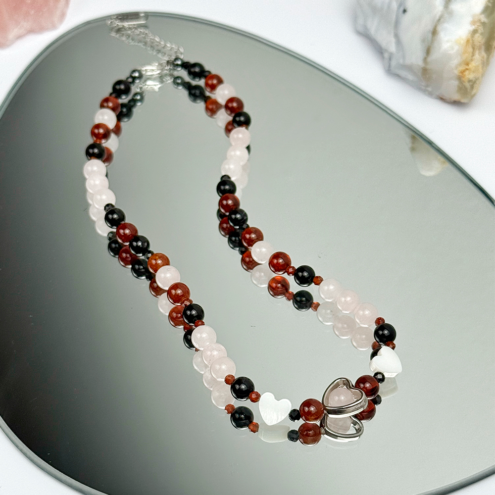 Rose Quartz Garnet Pearl Tourmaline Necklace on Chain