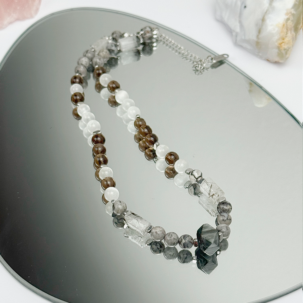 Selenite Smoky Quartz Grey Jasper Necklace on Chain