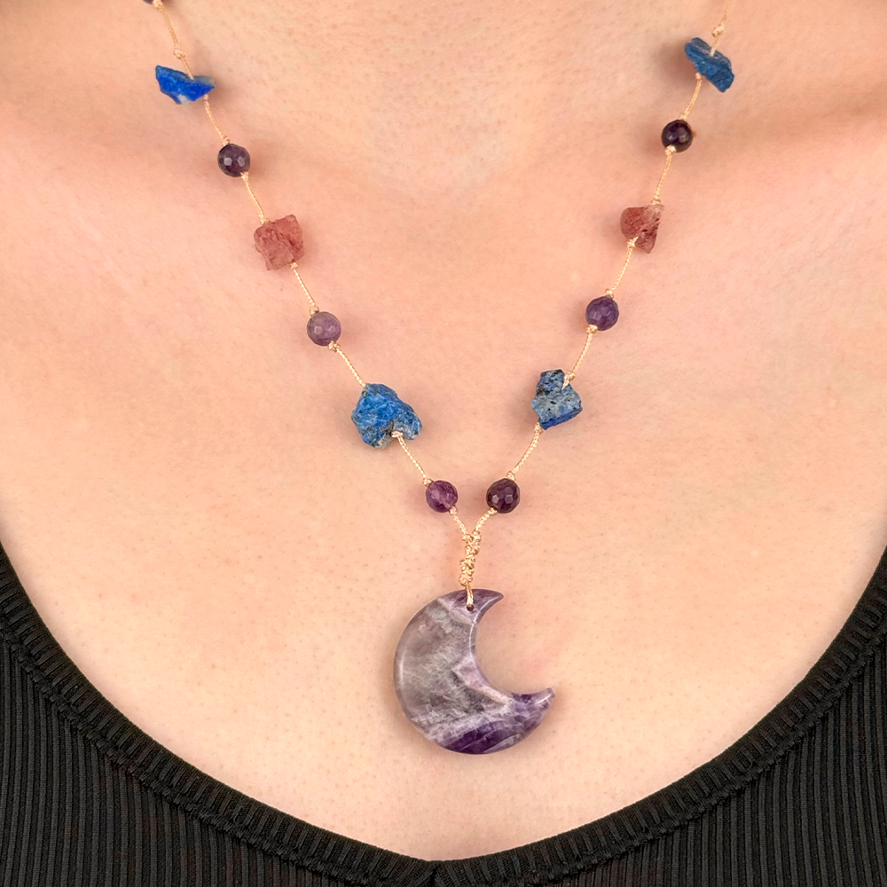 Woven Necklace with a Moon made of natural Amethyst, Lapis Lazuli, and Strawberry Quartz