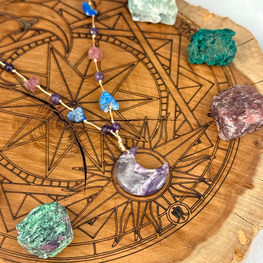 Woven Necklace with a Moon made of natural Amethyst, Lapis Lazuli, and Strawberry Quartz