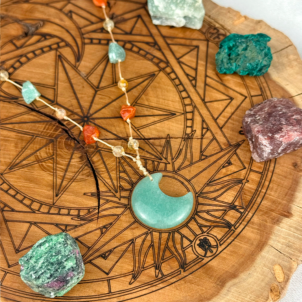 Woven Necklace with a Moon made of natural Citrine, Aventurine, and Carnelian