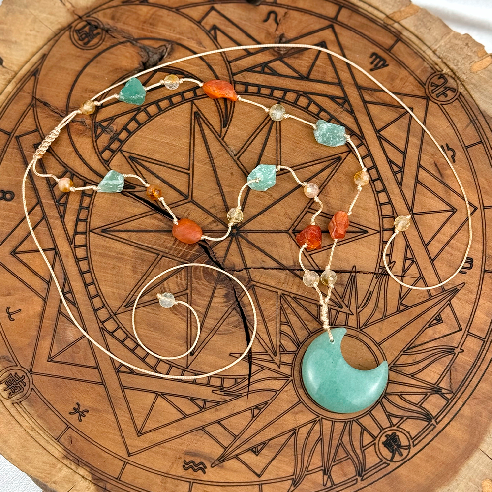 Woven Necklace with a Moon made of natural Citrine, Aventurine, and Carnelian