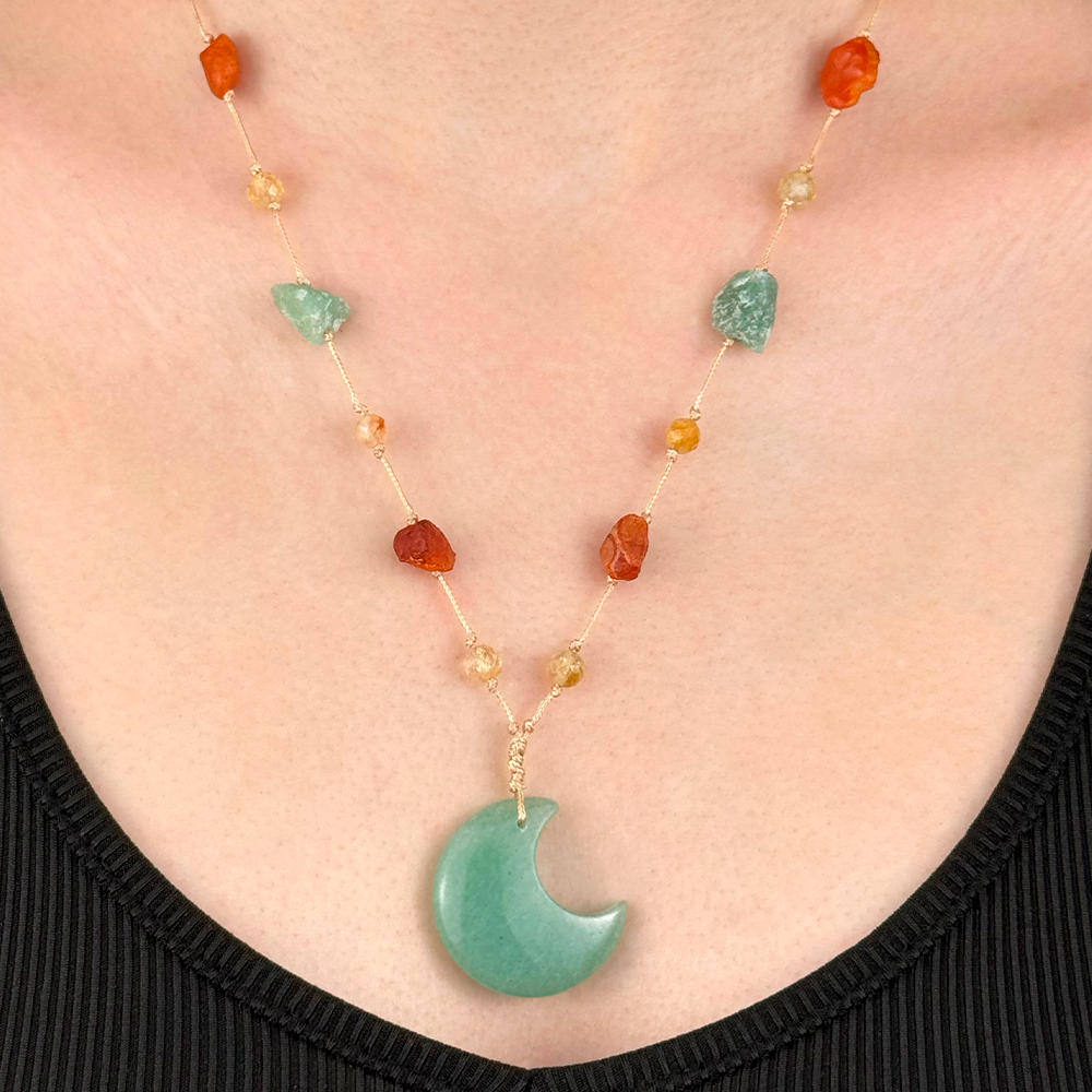 Woven Necklace with a Moon made of natural Citrine, Aventurine, and Carnelian