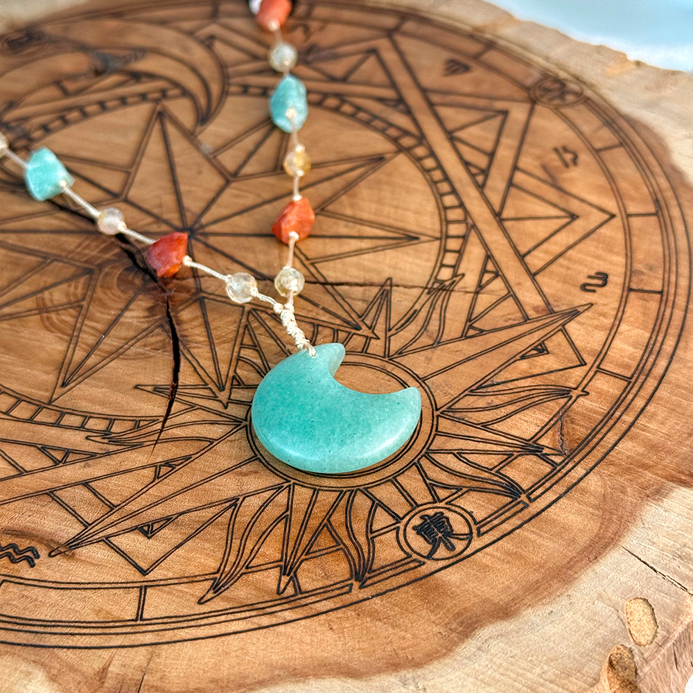 Woven Necklace with a Moon made of natural Citrine, Aventurine, and Carnelian