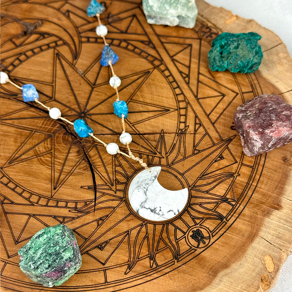 Woven Necklace with a Moon made of natural Howlite, Lapis Lazuli, and Apatite
