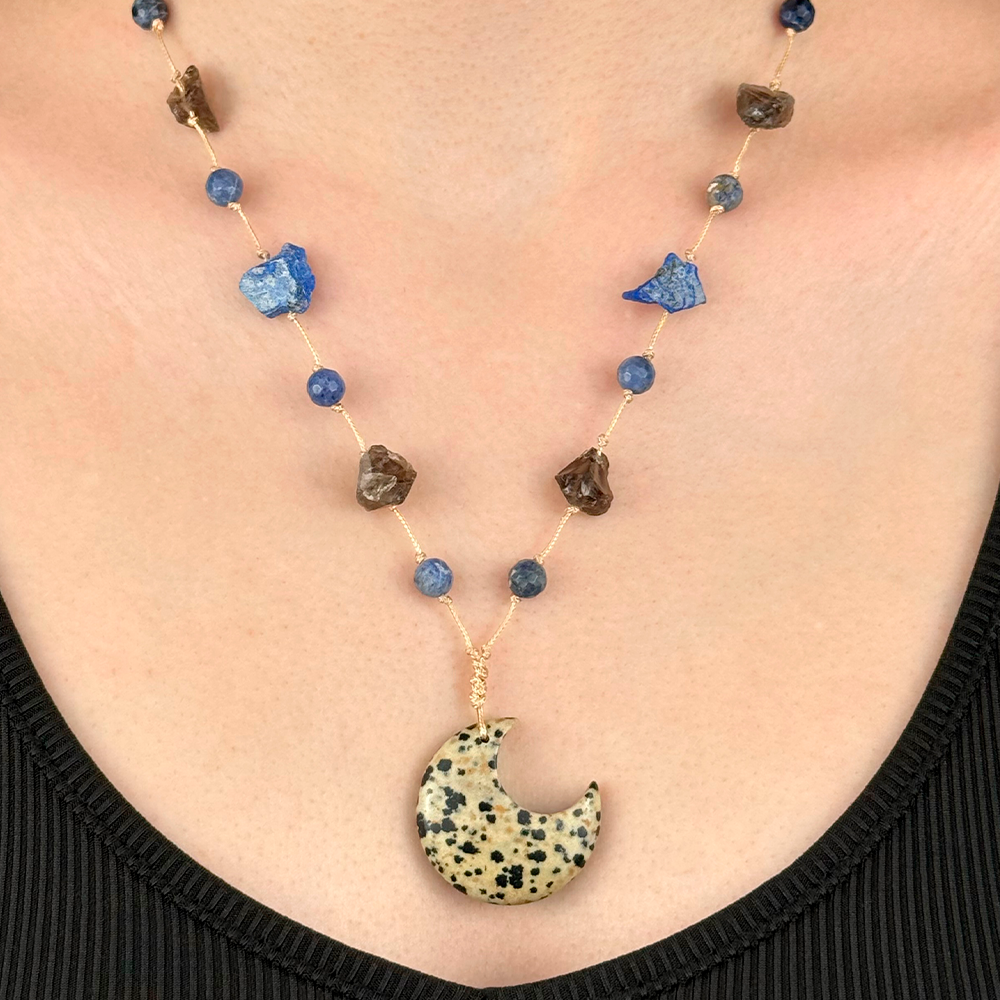 Woven Necklace with a Moon made of natural Dalmatian Jasper, Lapis Lazuli, and Smoky Quartz
