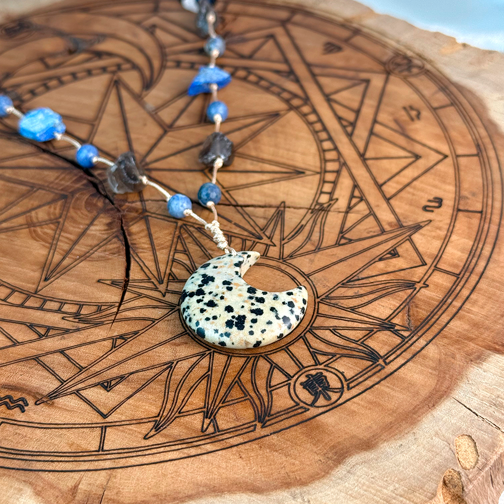 Woven Necklace with a Moon made of natural Dalmatian Jasper, Lapis Lazuli, and Smoky Quartz