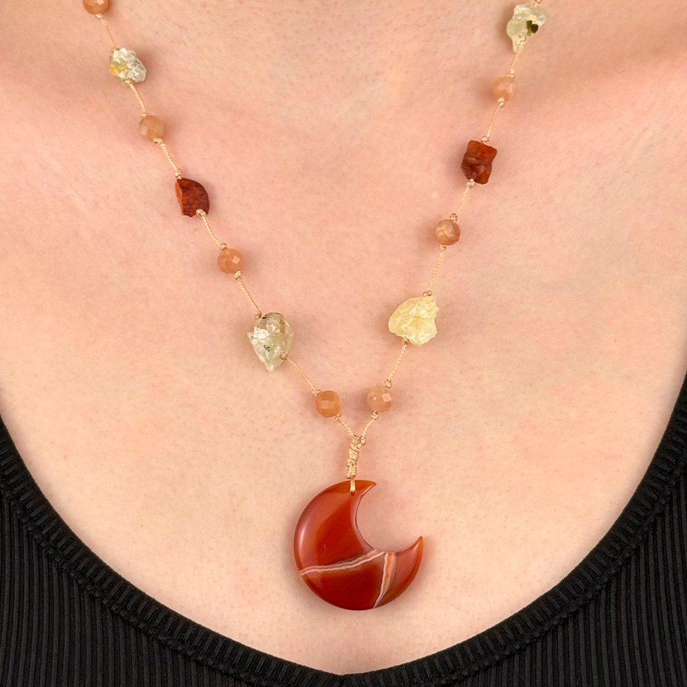Woven Necklace with a Moon made of natural Carnelian, Sunstone, and Prehnite