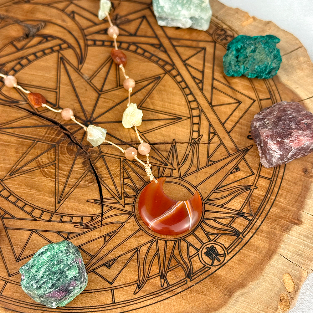 Woven Necklace with a Moon made of natural Carnelian, Sunstone, and Prehnite
