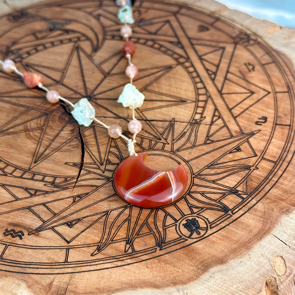 Woven Necklace with a Moon made of natural Carnelian, Sunstone, and Prehnite