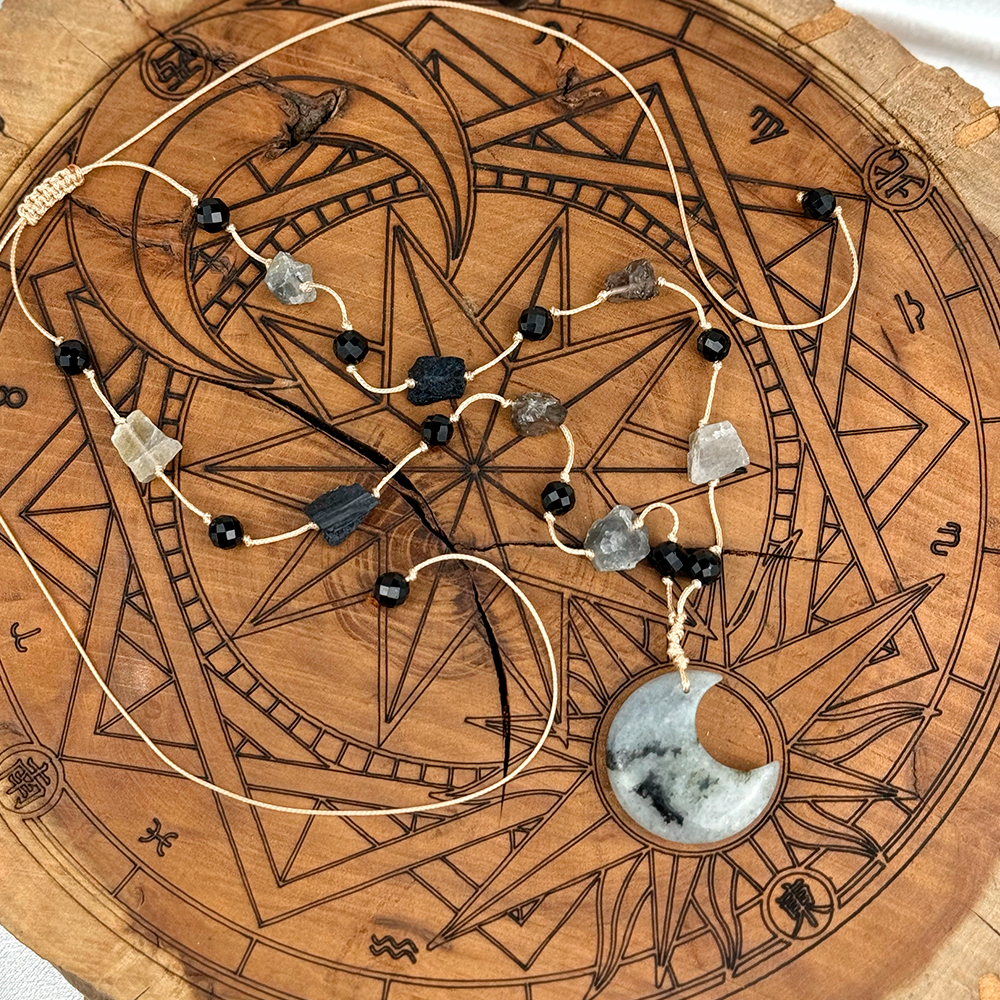 Woven Necklace with a Moon made of natural Labradorite, Tourmaline, and Smoky Quartz