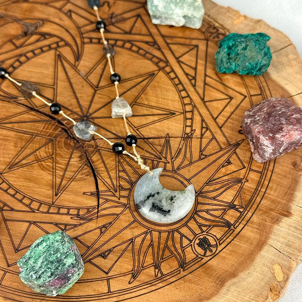 Woven Necklace with a Moon made of natural Labradorite, Tourmaline, and Smoky Quartz