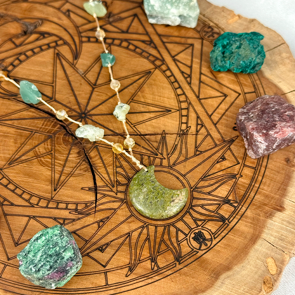 Woven Necklace with a Moon made of natural Unakite, Aventurine, and Prehnite