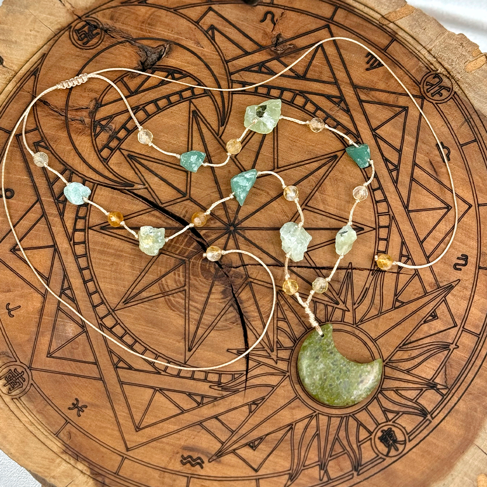 Woven Necklace with a Moon made of natural Unakite, Aventurine, and Prehnite