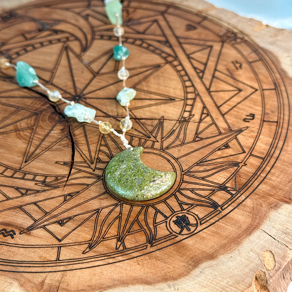 Woven Necklace with a Moon made of natural Unakite, Aventurine, and Prehnite