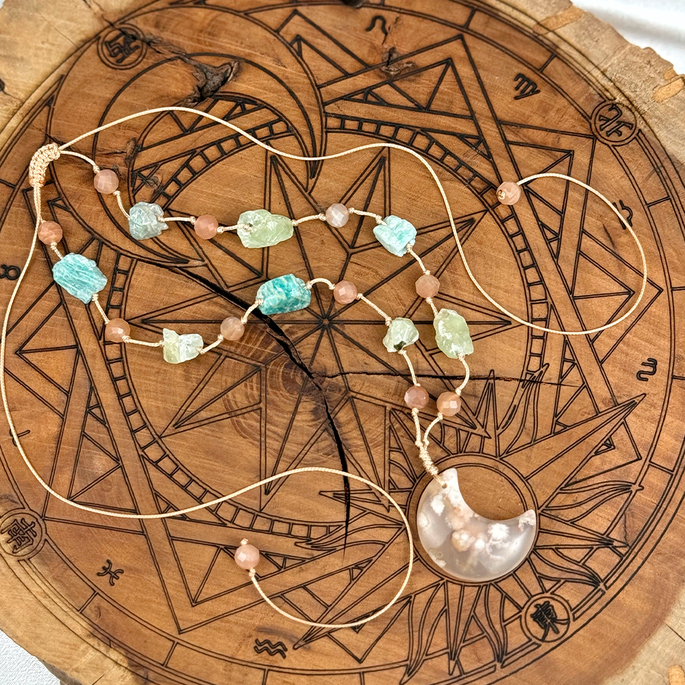 Woven Necklace with a Moon made of natural Cherry Agate, Sunstone, Prehnite, and Amazonite