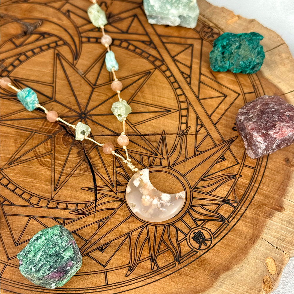 Woven Necklace with a Moon made of natural Cherry Agate, Sunstone, Prehnite, and Amazonite