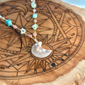 Woven Necklace with a Moon made of natural Cherry Agate, Sunstone, Prehnite, and Amazonite