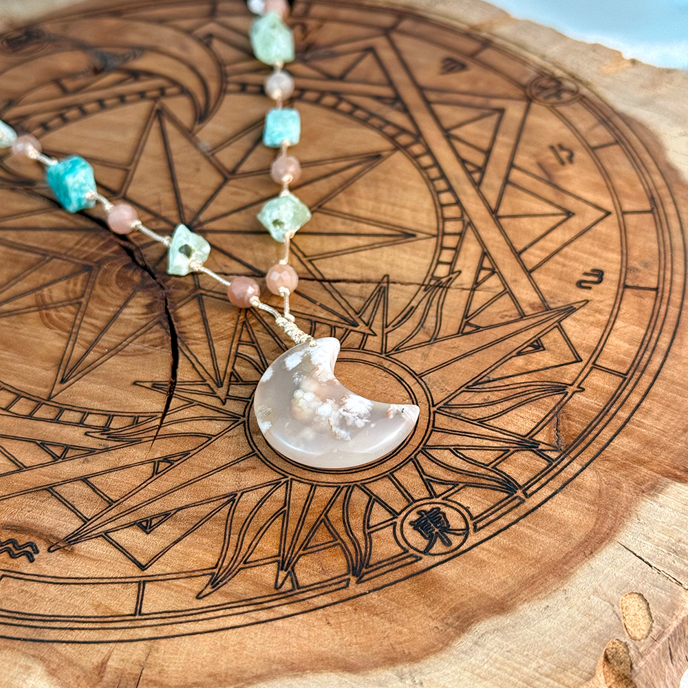 Woven Necklace with a Moon made of natural Cherry Agate, Sunstone, Prehnite, and Amazonite
