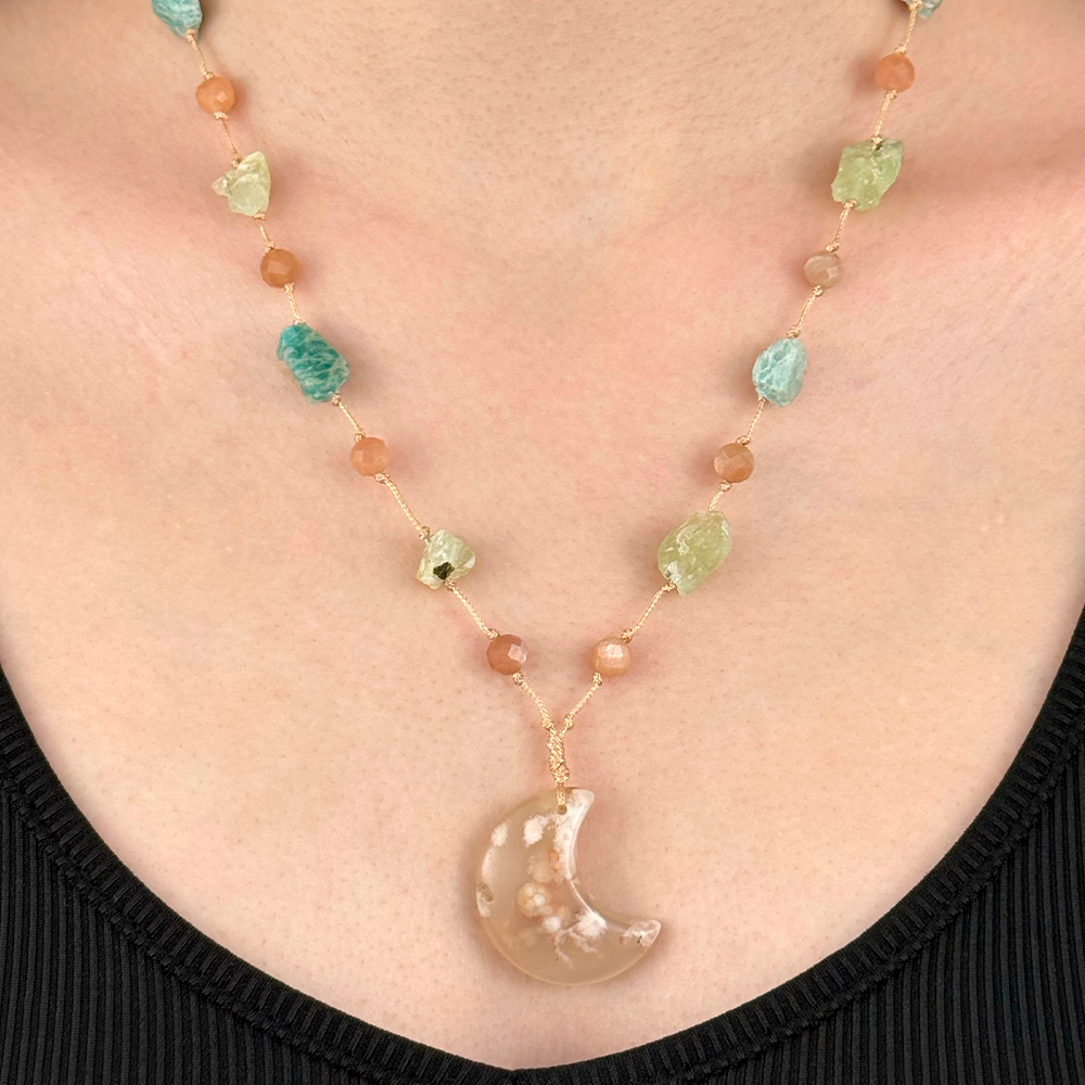 Woven Necklace with a Moon made of natural Cherry Agate, Sunstone, Prehnite, and Amazonite
