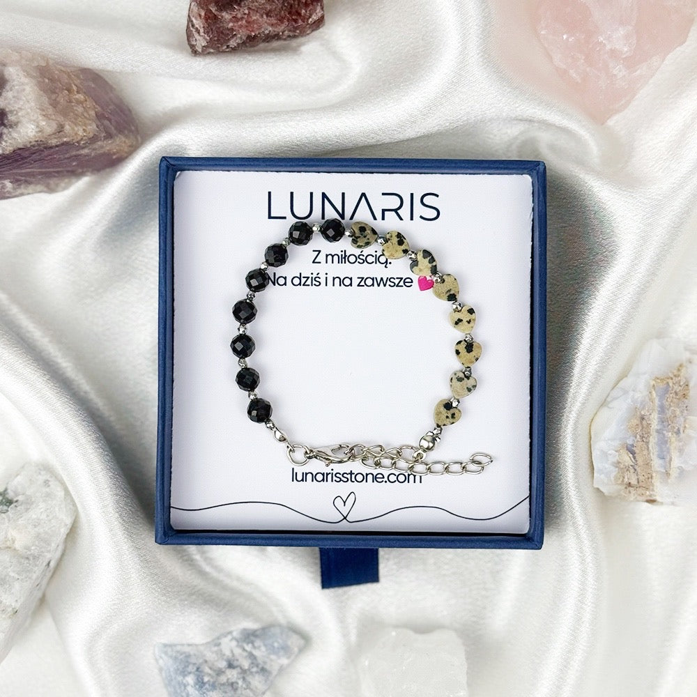 Black Tourmaline and Dalmatian Jasper bracelet on a chain