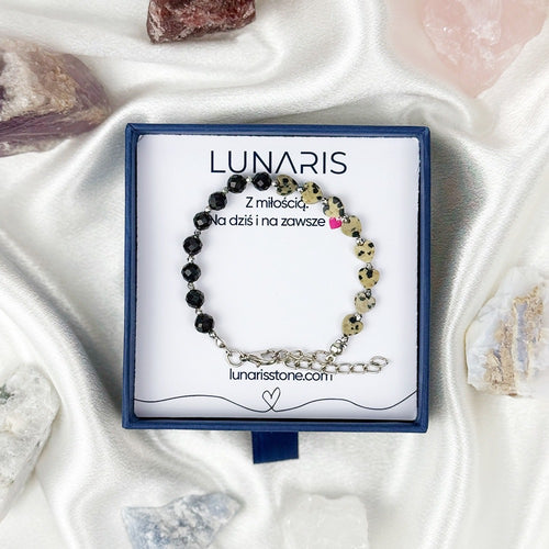 Black Tourmaline and Dalmatian Jasper bracelet on a chain