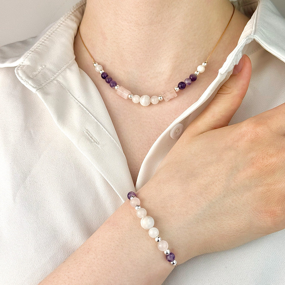Amethyst, Moonstone & Rose Quartz Bracelet and Necklace Set