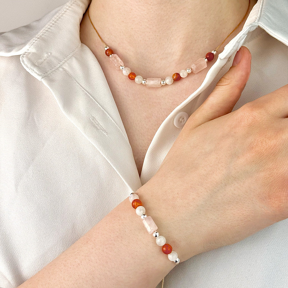 Rose Quartz, Carnelian & Moonstone Bracelet and Necklace Set